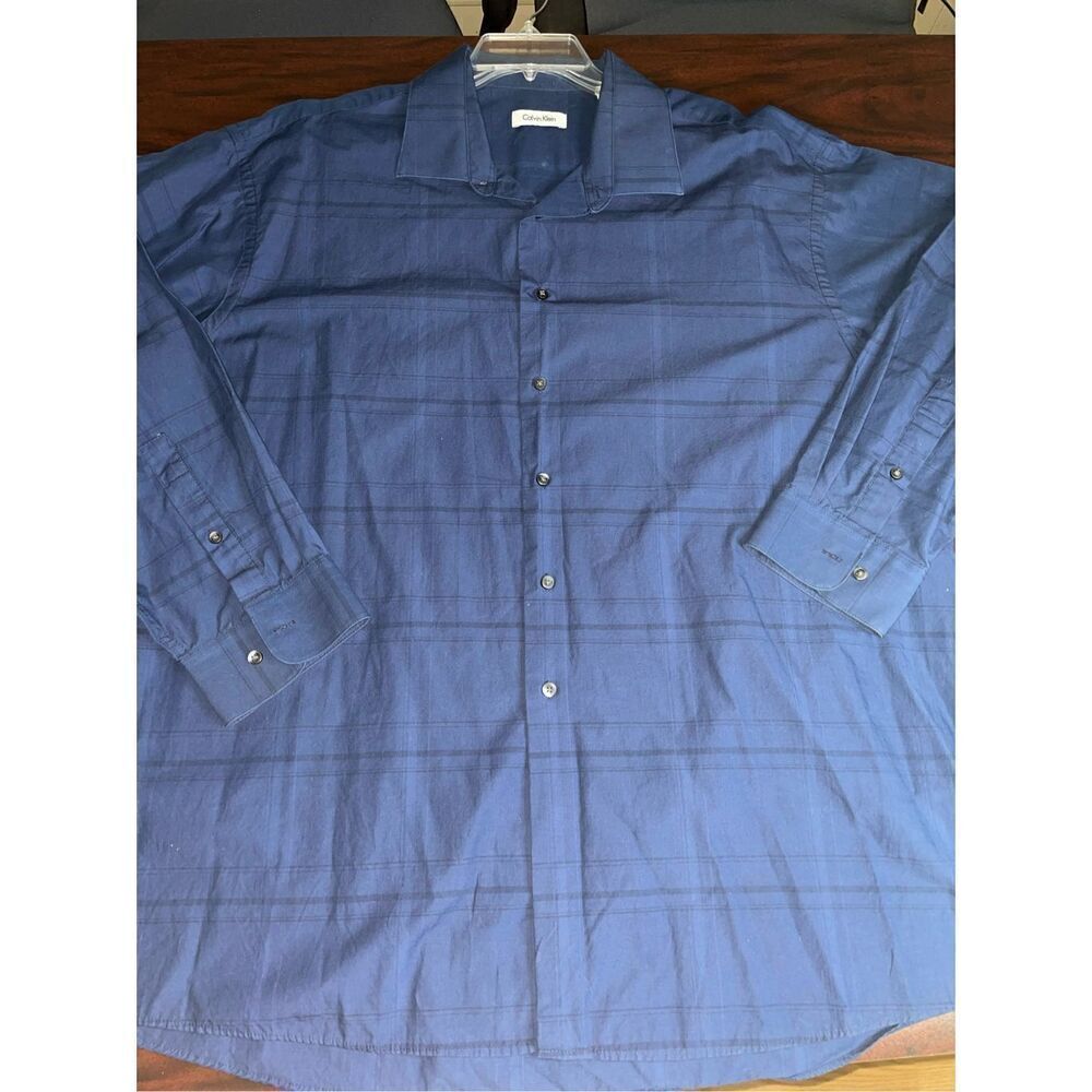 Calvin Klein Mens Blue Paid Button Up Long Sleeve Dress Shirt Size 18 Neck
